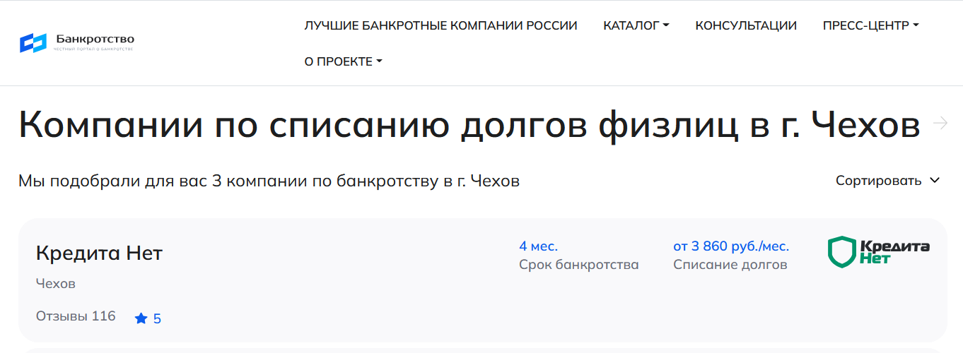 КредитаНет – первые в рейтинге компаний по банкротству в Чехове на сайте Банкротство Инфо